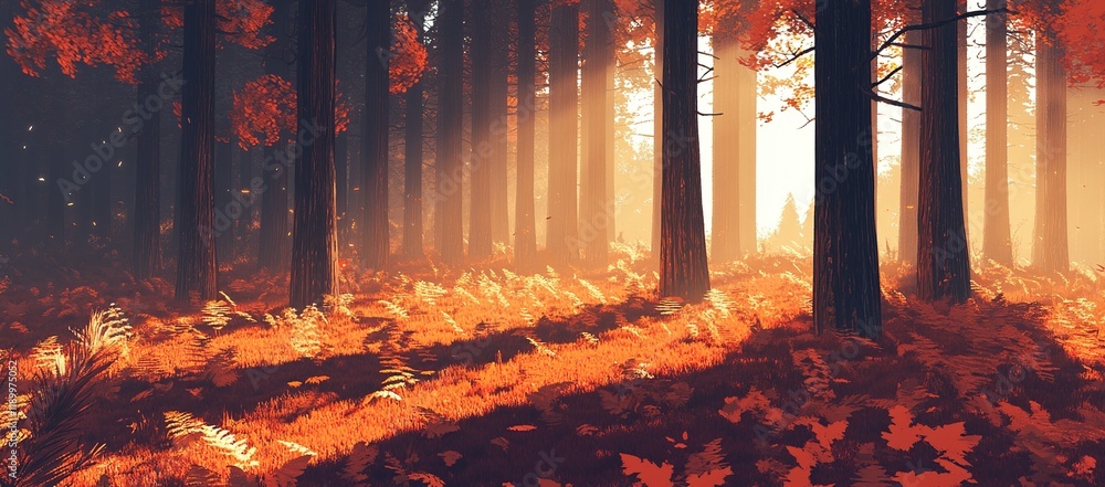 Poster autumn forest: sunlight filters through trees, illuminating golden ferns and fallen leaves in a myst