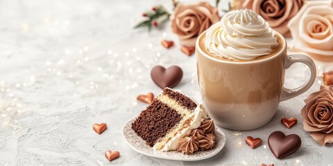 Valentine’s Day concept with cappuccino and dessert. Delicious cake and coffee with decorative roses and hearts