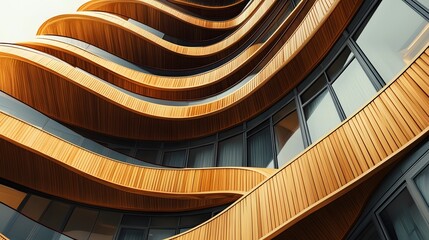 Modern Wooden Building With Curved Balconies And Windows