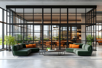 Modern office lounge, glass partition, city view, meeting room