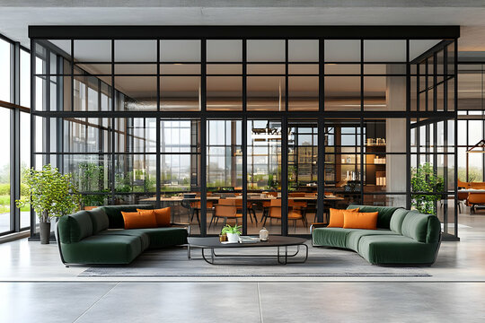 Modern office lounge, glass partition, city view, meeting room