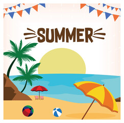 Colorful Summer Beach with Palm Trees and Sun in the Background.