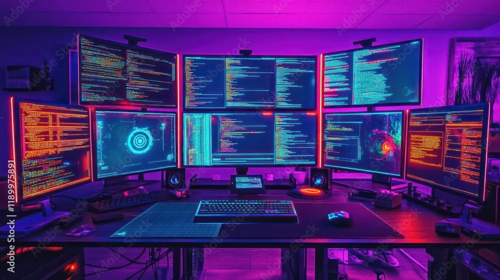 Poster programmer's multi-monitor setup, coding late night, neon lights, home office