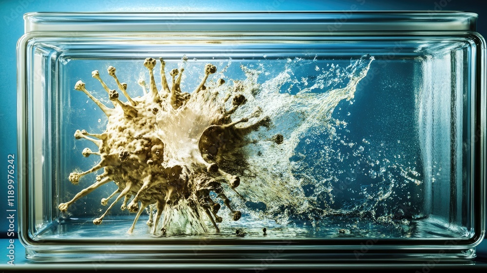 Poster dynamic splash of liquid around a spiky object in a glass container