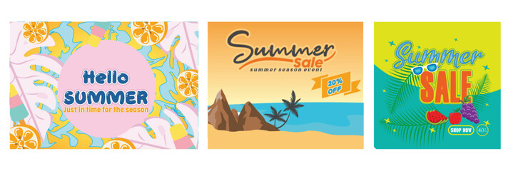 Tropical Elements and Refreshing Prints. Beach Landscape and Promotional Offer. Fruits and Palm Leaves. Set flat vector modern illustration