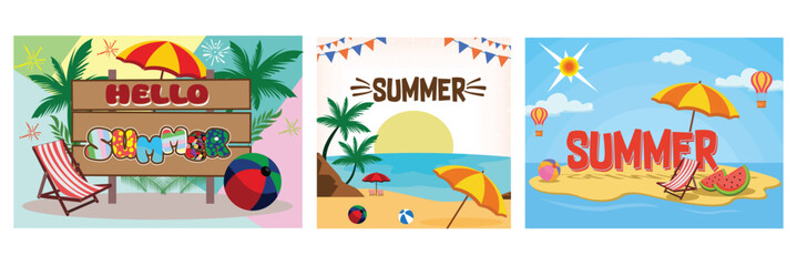 Tropical Leaves and Beach Accessories. Colorful Summer Beach. Island, Sun, and Fun Decorations. Set flat vector modern illustration