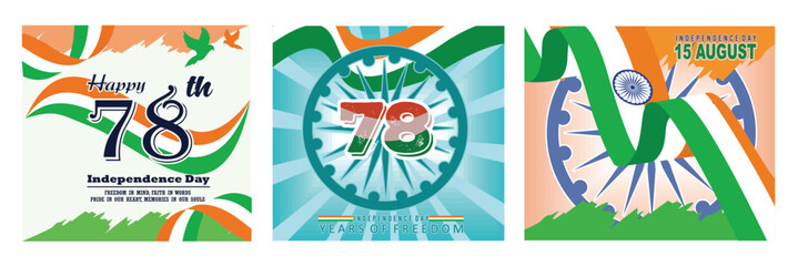 78th Anniversary, Independence Day India. Patriotic Design. National Flag and Ashoka Chakra Design. Set flat vector modern illustration