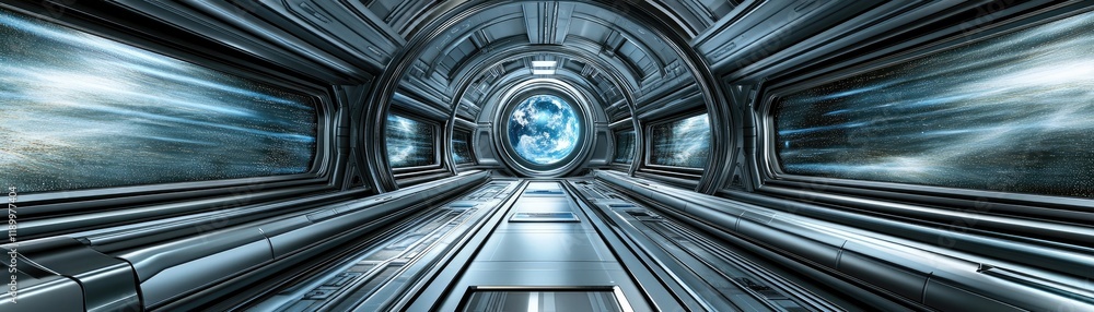 Poster futuristic space corridor with planet view - a sci-fi journey through a metallic passageway.
