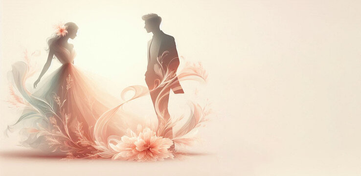 Woman and man on a background of pink flowers. Banner wedding, Valentine's day, March 8. Generated AI