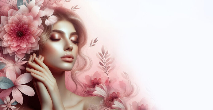 Woman on a background of pink flowers. Banner for Women's Day March 8th. Generated AI
