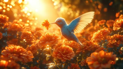 Obraz premium Hummingbird feeding sunset garden flowers nature