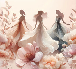 three Woman silhouette against a background of delicate pastel flowers.   day March 8th. Generated AI