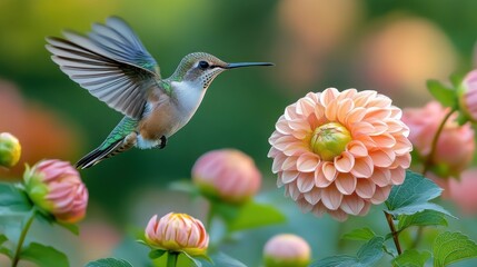 Naklejka premium Hummingbird hovering, garden, dahlia flowers, blurred background, nature poster