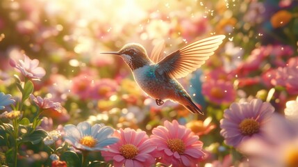 Fototapeta premium Hummingbird hovering, floral garden, sunrise, magic, spring