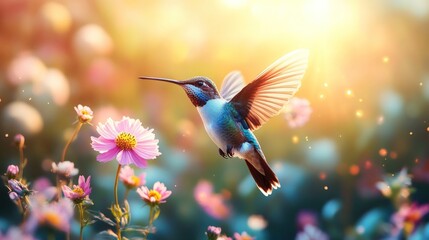 Fototapeta premium Hummingbird hovering, sunset garden, floral bokeh, spring