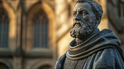 Fototapeta premium Bronze statue against building facade