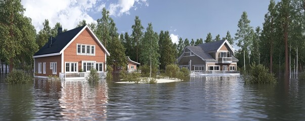Fototapeta premium Flooded Residential Area with Submerged Houses and Pine Trees in a Natural Disaster Scene.