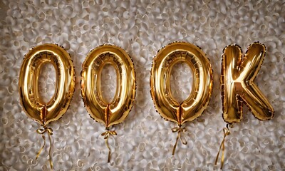Gold foil balloons, "000K" text, sparkly background, celebration, social media milestone, inflatable letters, metallic shine, party decoration, achievement concept, digital content creator