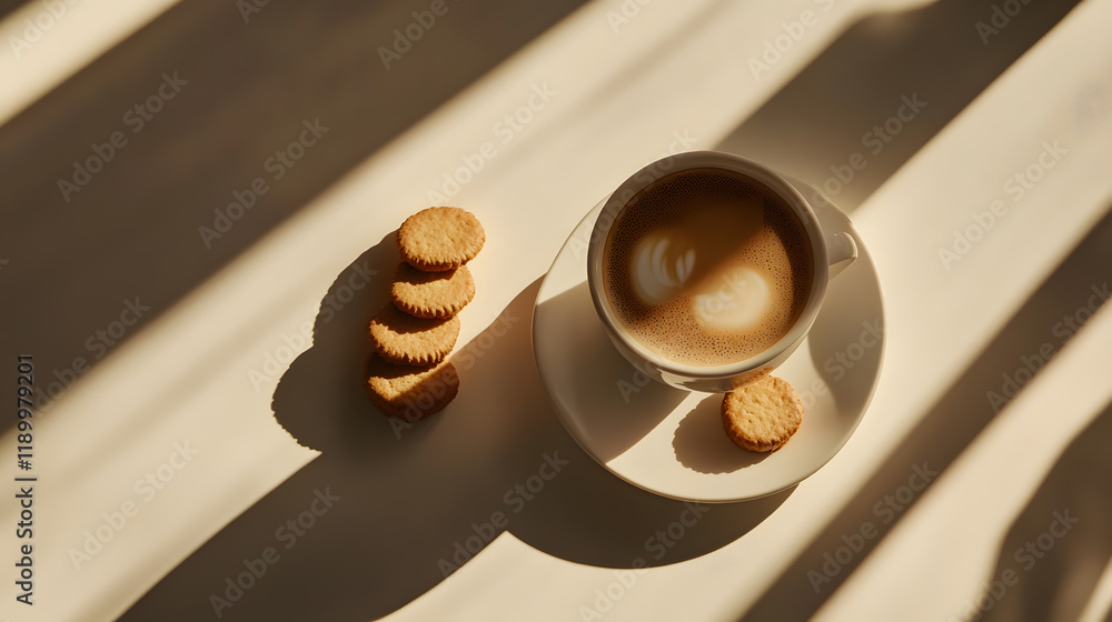 Poster A cup of latte art coffee with several round cookies sits on a white surface. Sunlight casts shadows, creating a warm and inviting mood. Minimalist aesthetic.