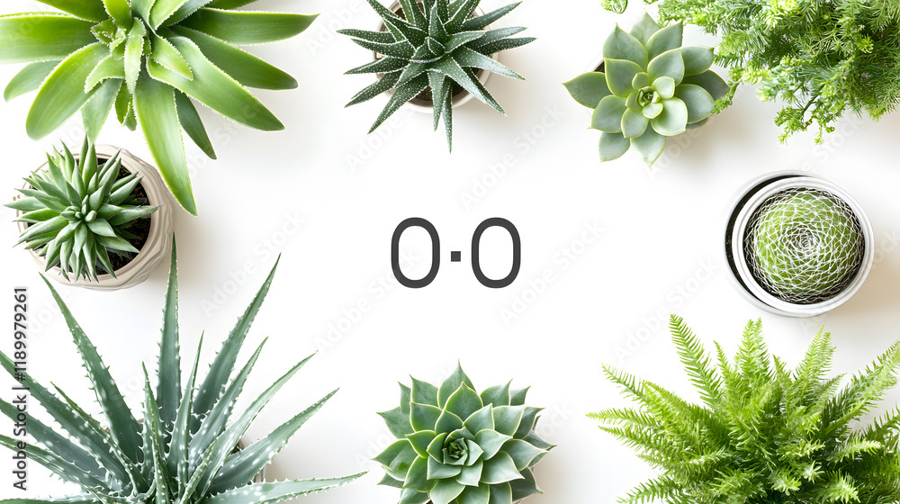 Poster a flat lay showcasing various succulents and ferns arranged in a circle on a white background. the p