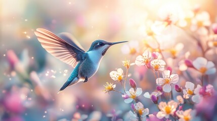 Fototapeta premium Hummingbird spring garden sunrise floral bloom