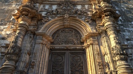 Obraz premium Ornate church entrance, sunlight detail