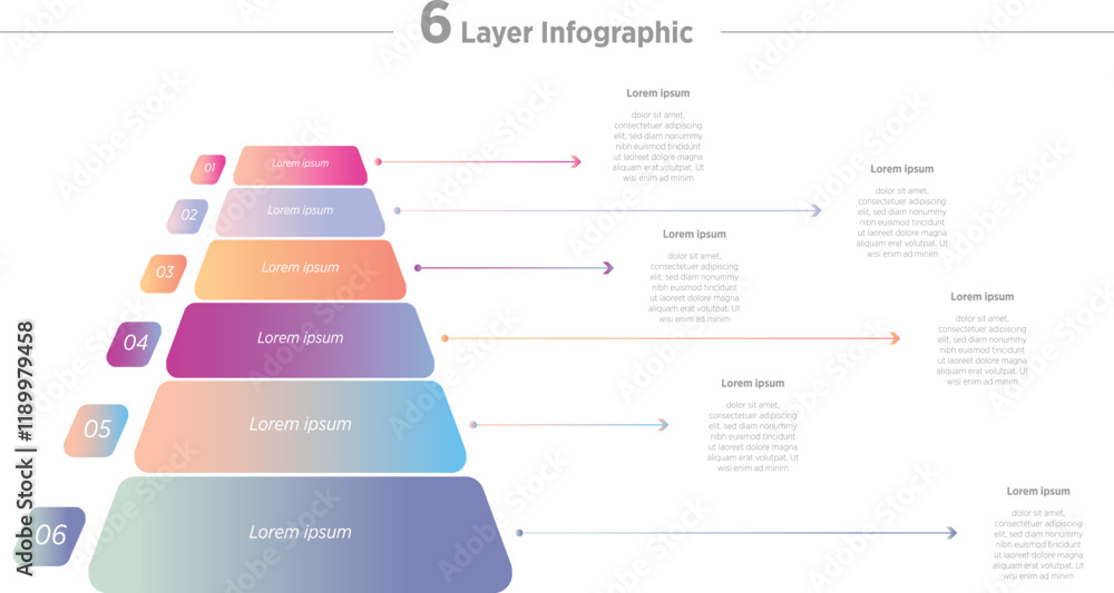 Wall mural colorful modern 3d pyramid list infographic element vector, 6 list layout template. use to show prop