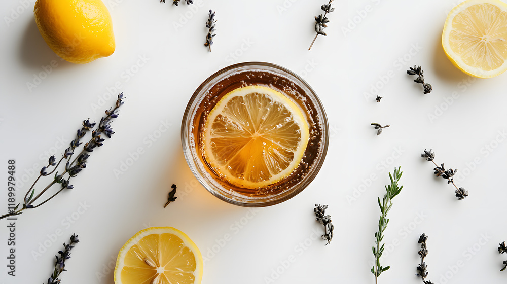 Poster overhead shot of a glass of sparkling lemon tea surrounded by lemon slices and sprigs of lavender an