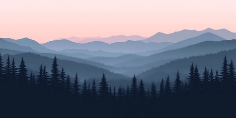 Obraz premium Misty mountain range at dawn, pine trees in foreground, peaceful landscape, nature background