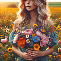 A woman against a background of delicate flowers.  day March 8th.  Generated AI