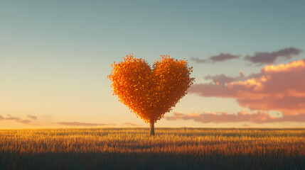 Romantic silhouette of heart-shaped tree at sunset