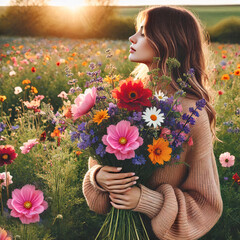 A woman holds a bouquet of flowers against a background of delicate flowers.  day March 8th.  Generated AI