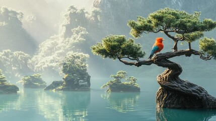 A bird on a tree in the middle of a lake.
