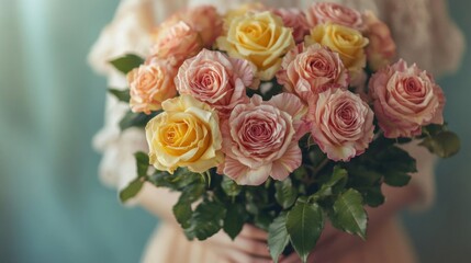 Obraz premium A Bouquet Of Peach And Yellow Roses Held Gently