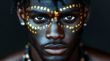 A striking tribal portrait of a man adorned with gold and black face paint, perfect for Black History Month celebrations, cultural events, and artistic showcases.
