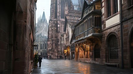 Fototapeta premium Historic street scene, cathedral view