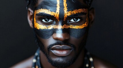 A striking tribal portrait of a man with gold and black face paint, ideal for Black History Month promotions, cultural events, and artistic representation.