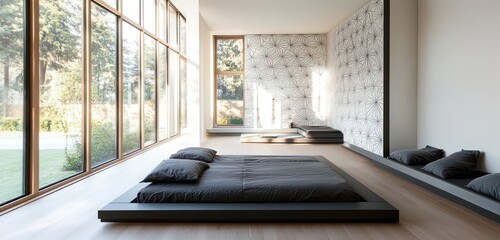 Modern bedroom with minimalist design and natural light.