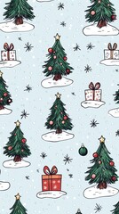 Obraz premium Festive Christmas Seamless Pattern Trees Gifts Snow Winter Wonderland