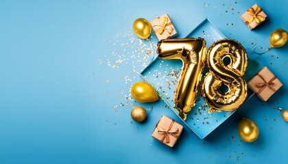 Number 78 birthday balloon celebration gift box lay flat explosion, copy space. Generated image