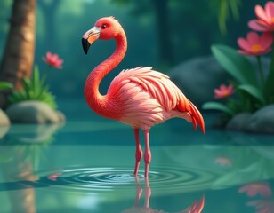 Pink Flamingo in Tropical Paradise