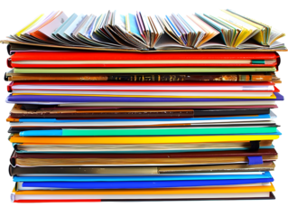 Stacked Assortment of Colorful Office Papers Files and Documents Arranged on a Desk