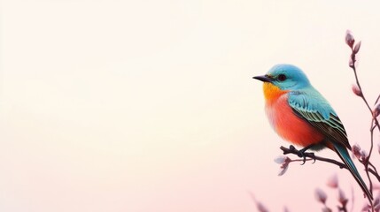 Fototapeta premium Serene Colorful Bird on Blossom Branch at Dawn A Vibrant Springtime Scene