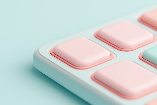 Interface buttons clarity concept. Close-up of pastel-colored buttons on a modern device against a soft blue background.