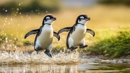 Group of cute little baby penguins running in the water on the beach