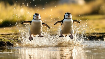 Group of cute little baby penguins running in the water on the beach © NafisaNajmin