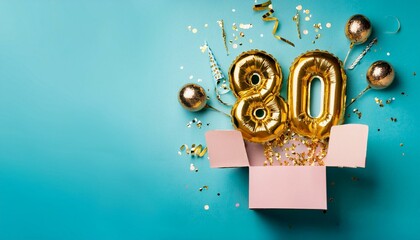 Number 80 birthday balloon celebration gift box lay flat explosion, copy space. Generated image