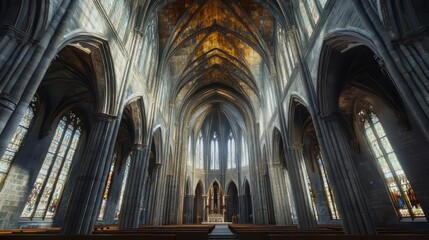 Fototapeta premium Grand cathedral interior, sunlight streams in