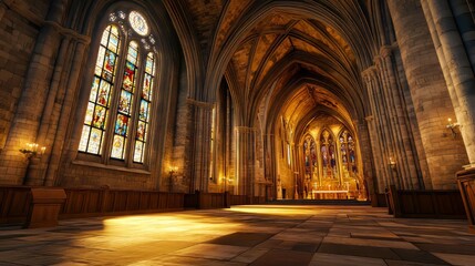 Fototapeta premium Grand cathedral interior, sunlight streams