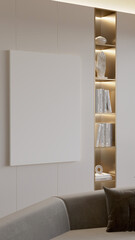closeup of a poster mockup on the wall in modern contemporary living room interior background. 3d illustration